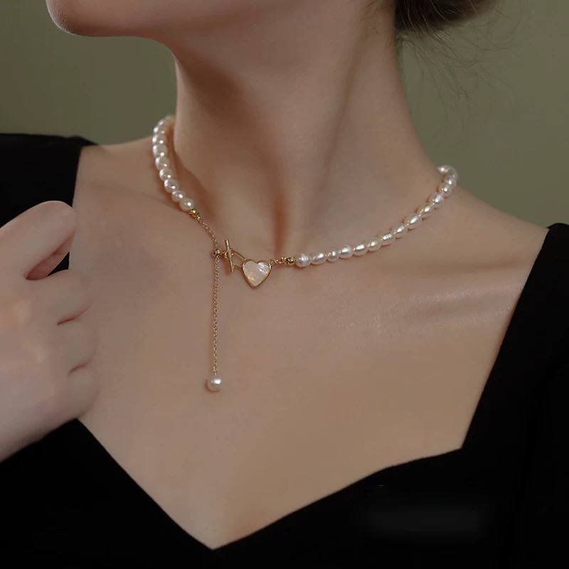Double-Wear Pearl Heart Necklace – Elegant OT Clasp Choker for Women