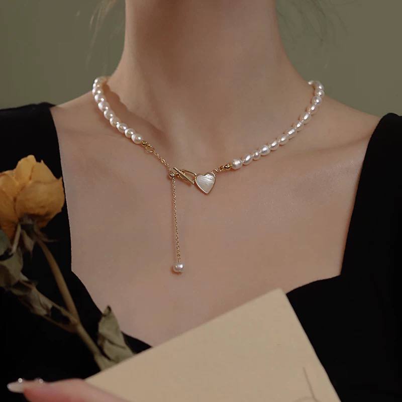 Double-Wear Pearl Heart Necklace – Elegant OT Clasp Choker for Women