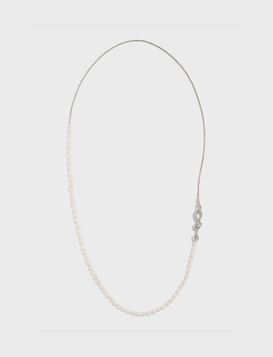 Freshwater Pearl and Metal Chain Knot Clasp Long Necklace